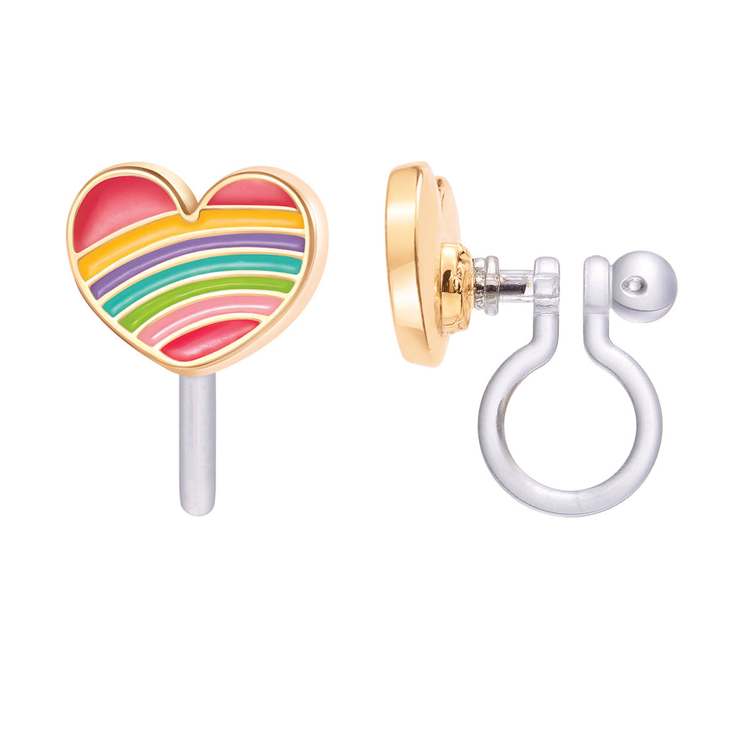 Clip-On Cutie Enamel Rainbow Heart Earrings