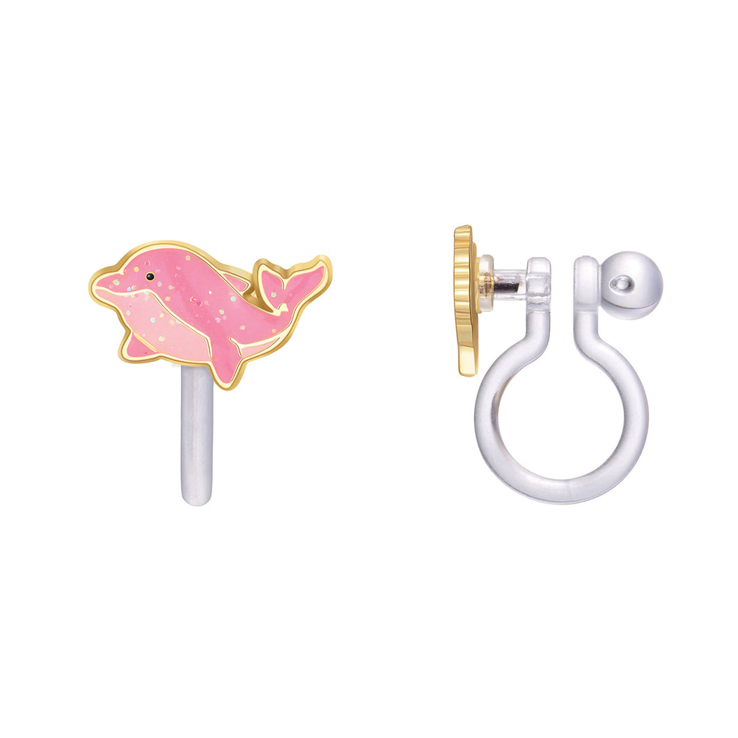Clip-On Cutie Enamel Glitter Pink Dazzling Dolphin Earrings