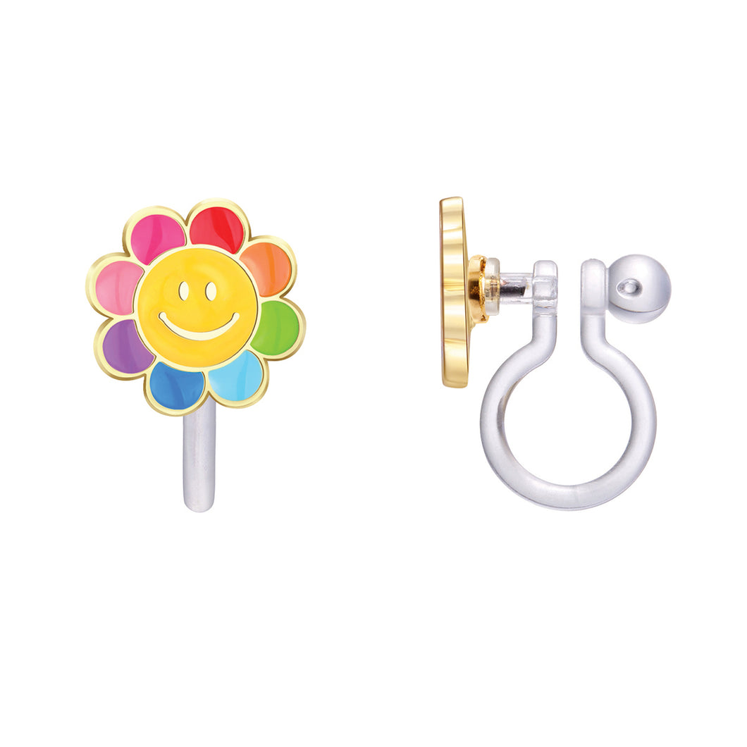 Clip-On Cutie Enamel Rainbow Happy Flower Earrings