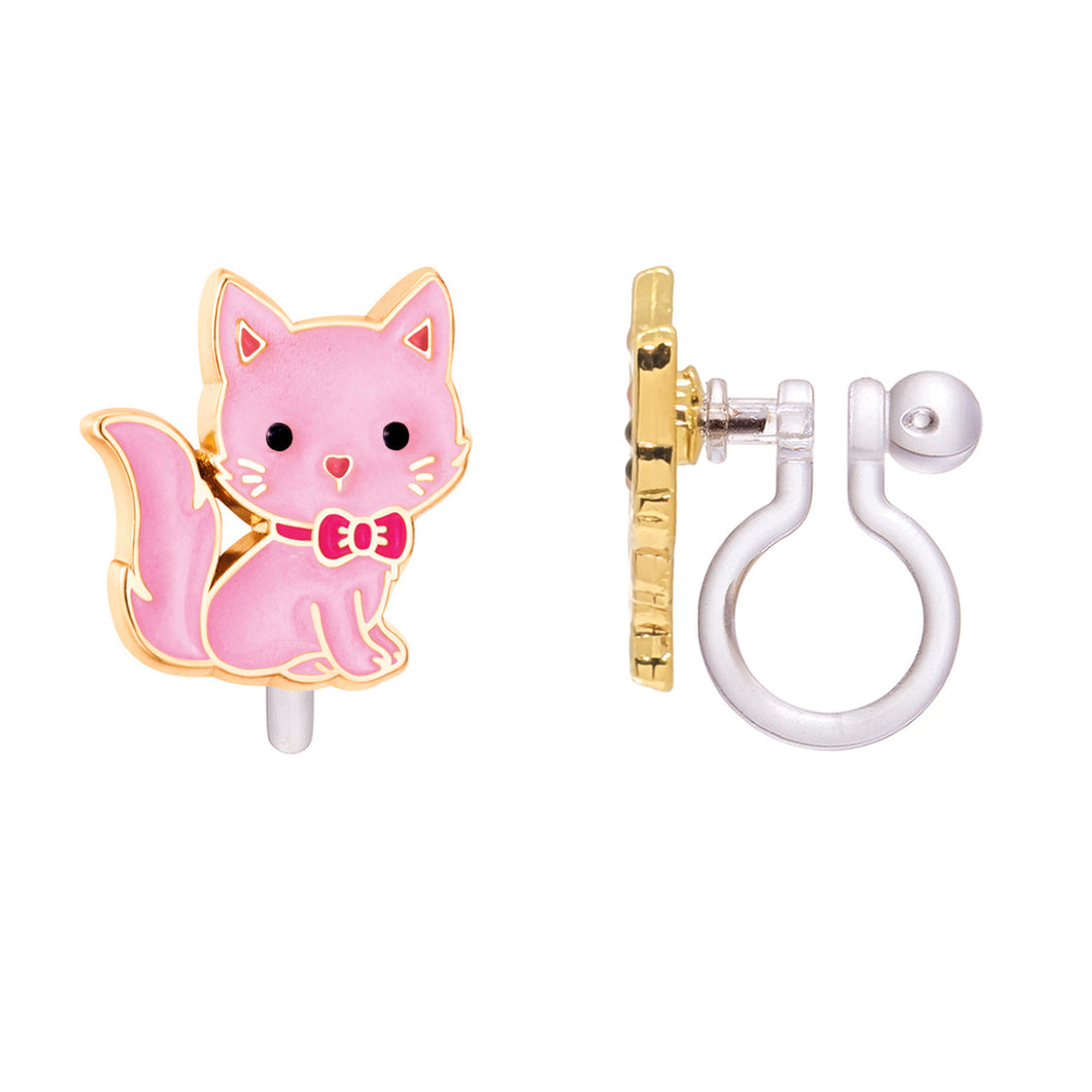 Clip-On Cutie Enamel Pink Kitty Earrings