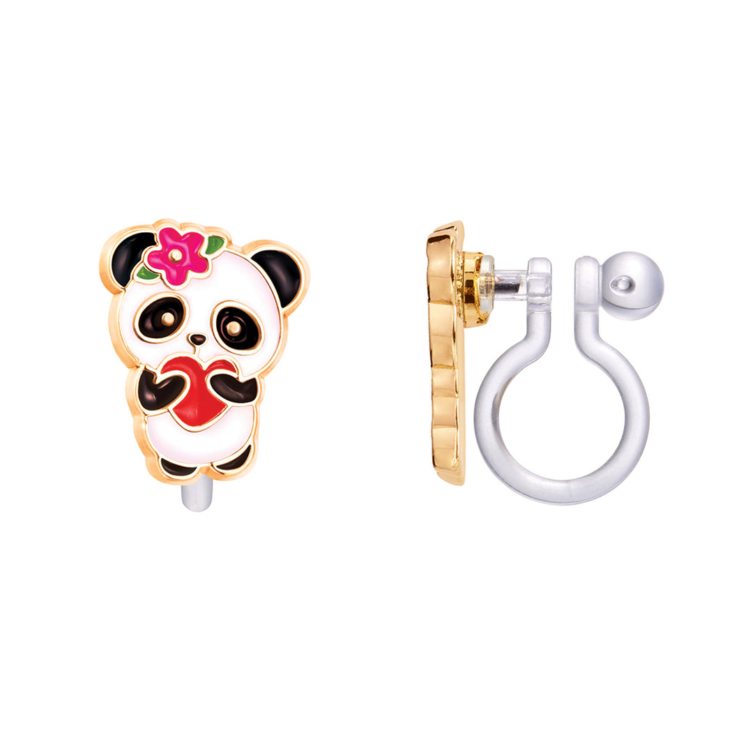 Clip-On Cutie Enamel Panda Love Earrings